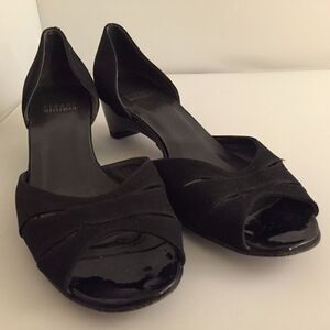 Stuart Weitzman 7B Black Crepe Patent d'Orsay Heel